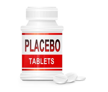 Illustration depicting a single white and red medication container with the words 'placebo tablets' on the front with white background and a few tablets in the foreground.