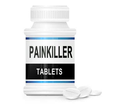 Illustration depicting a single medication container with the words 'painkiller tablets' on the front with white background and a few tablets in the foreground.