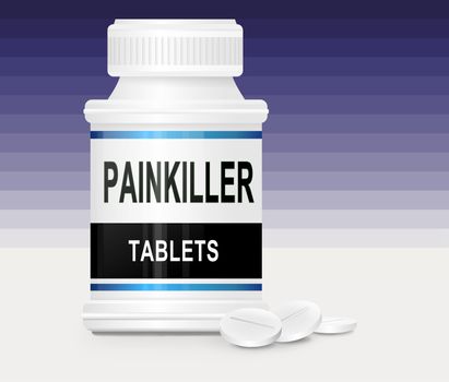 Illustration depicting a single medication container with the words 'painkiller tablets' on the front with blue gradient striped background and a few tablets in the foreground.