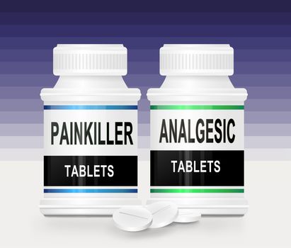 Illustration depicting two medication containes with the words 'painkiller tablets' and 'analgesic tablets' on the front with blue gradient striped background and a few tablets in the foreground.