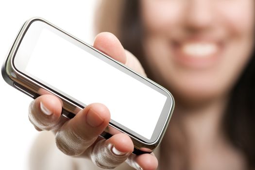 Smiling women holding mobile communication phone