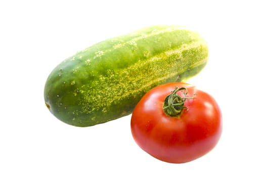 Cucumber and tomato healthy nutrition food vegetables isolated on white background.