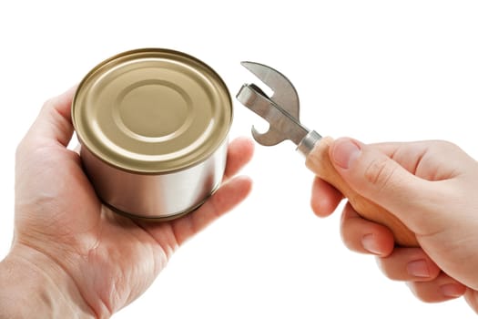 Hand holding canned preserved food metal can opener