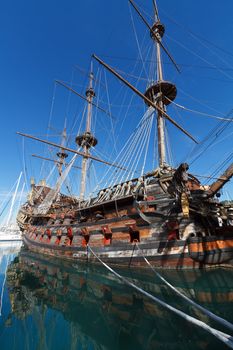 Neptune Galleon is reproduction ship, featured in movies (Pirates by R Polanski ) and moored in the old harbour of Genoa, Italy