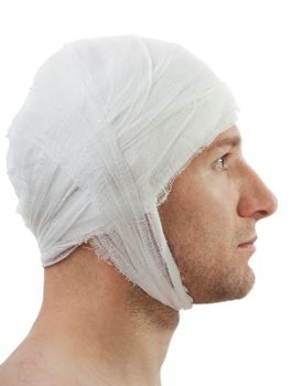 White bandage on human brain concussion wound head