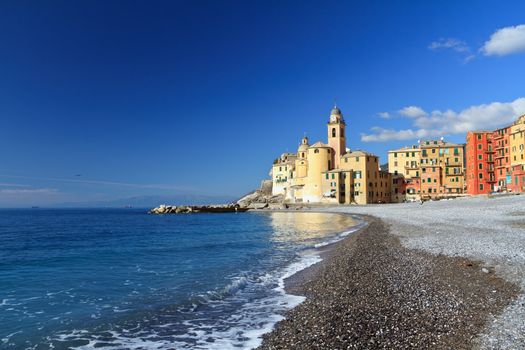 church and seafront of Camogli, famous small town in Liguria, Italy