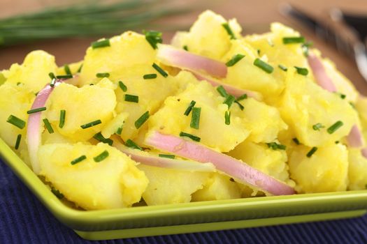 Potato salad with onions prepared in Swabian-Style (Southern Germany) garnished with chives (Selective Focus, Focus one third into the salad)