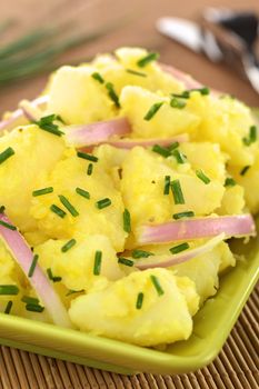 Potato salad with onions prepared in Swabian-Style (Southern Germany) garnished with chives (Selective Focus, Focus on the potato in the middle of the image)