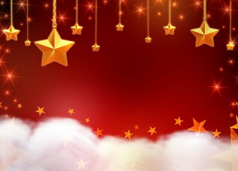 3d golden stars, chains and lights over red background with clouds