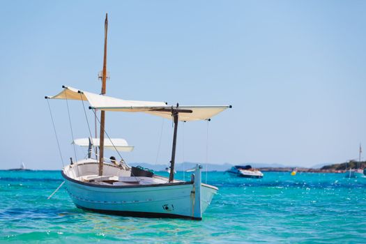 White boat at anchor in the bay of the Mediterranean Sea, Majorca