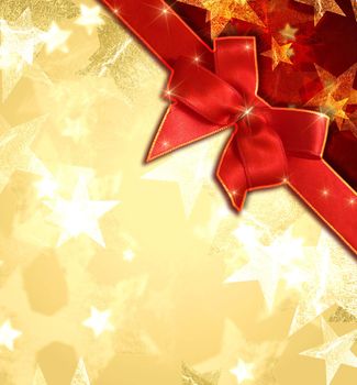 golden and white stars over beige and red background with red ribbon