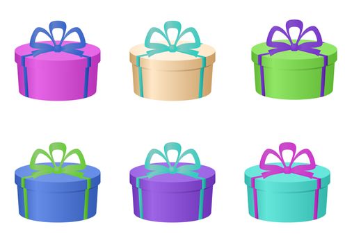 Gift holiday boxes multi-coloured isolated with bows, round, set