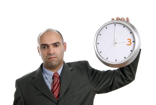 young handsome business man holding a clock