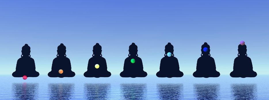 Seven chakras in meditation in blue background