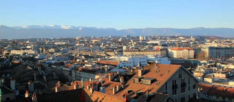 Panoramic view on Geneva city and Jura mountain, Switzerland