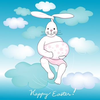 happy easter card with fantastic flying white rabbit and pink stars egg over cloudy sky 