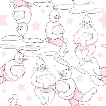 easter flying rabbit pattern with pink stars and eggs for kids isolated on white