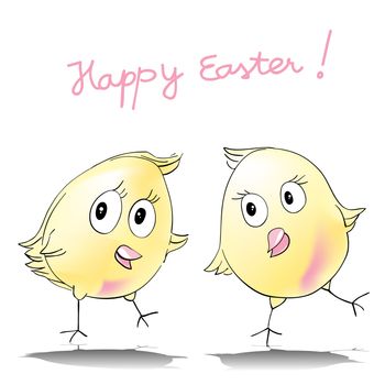 happy easter card, two chicken cartoons isolated on white