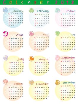 calendar 2012 with zodiac signs and pop art disco dots