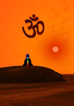 Shadow in meditation with chakras under aum by sunset