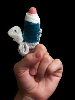 White medicine bandage on human injury hand finger