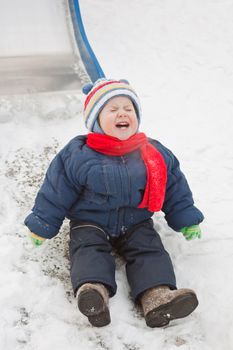 Little child fun winter outdoor snow sport sled