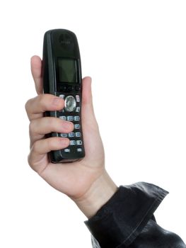 Telephone in human hand for business communication