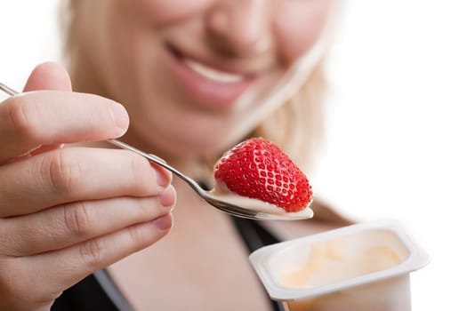 Smiling women eating healthy lifestyle yogurt food