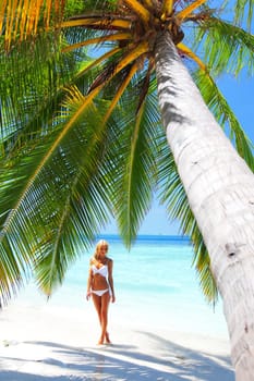 woman under palm sea on backgroud