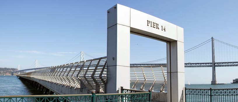 Oakland Bay Bridge by Pier 14 in San Francisco California Waterfront Panorama