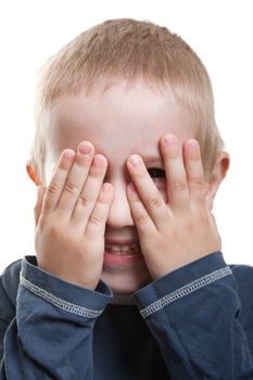 Little human child hiding hand one eye fun peeking