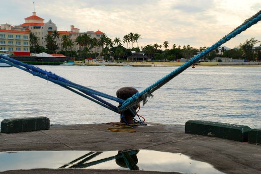 stock picture of ship ropes and structures to mooring the ship on the dock