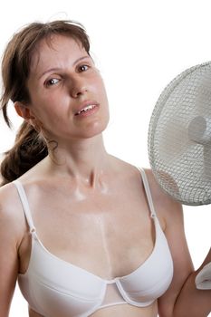 Summer heat young sweat women blowing electric fan