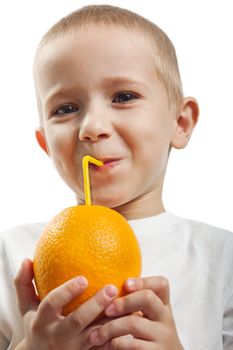 Child hold healthy eating orange fruit juice drink