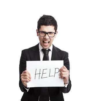 Nerd businessman holding a cardboard with the text Help, isolated on white background