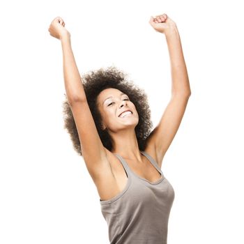 Happy Afro-American young woman isolated on white with arms on the air