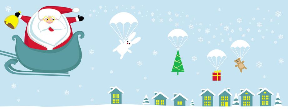 Cartoon Santa with bell in sleight dropping presents with parachutes