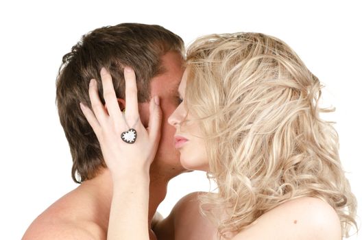 Kissing man and woman - lovers closeup portraits