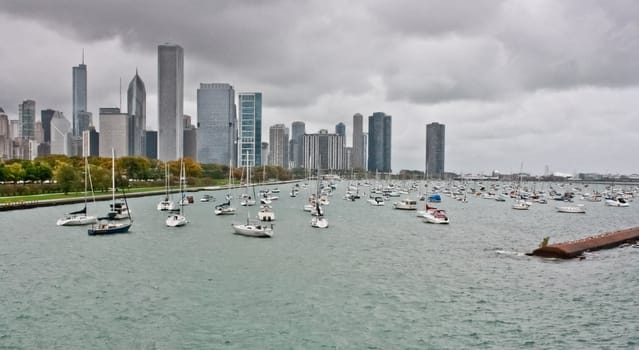 Chicago skyline near the shore of Lake Michigan