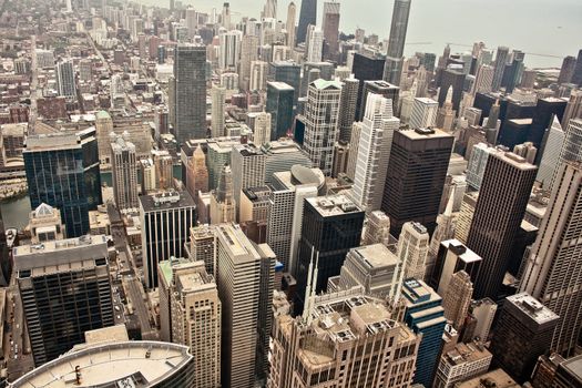 Aerial view of the city of Chicago showing the densely packed buildings