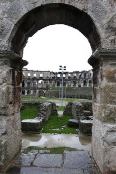 The inside of the ruins of the coloseum in Pula, Croatia