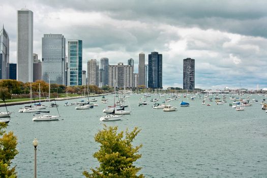 Chicago skyline near the shore of Lake Michigan