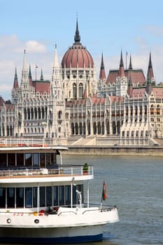 The parliament building with ship in Budapest, Hungary