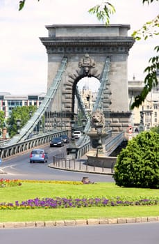 view of traffic circle and chain bridge in Budapest, Hungary