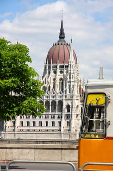 Tramway and parliament building in Budapest, Hungary