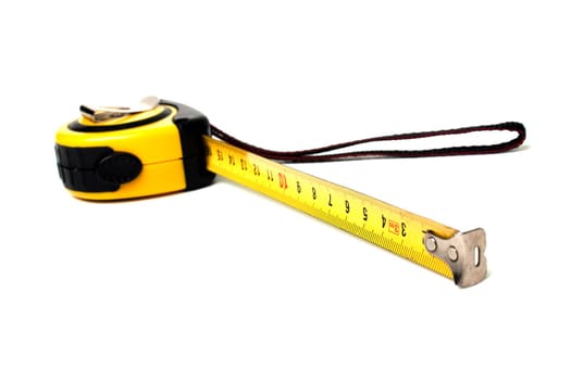 Measuring tool yellow tape measure white isolated