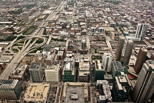 Aerial view of the city of Chicago showing the densely packed buildings