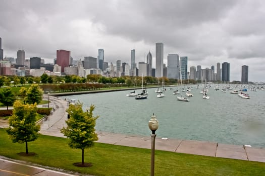 Chicago skyline near the shore of Lake Michigan