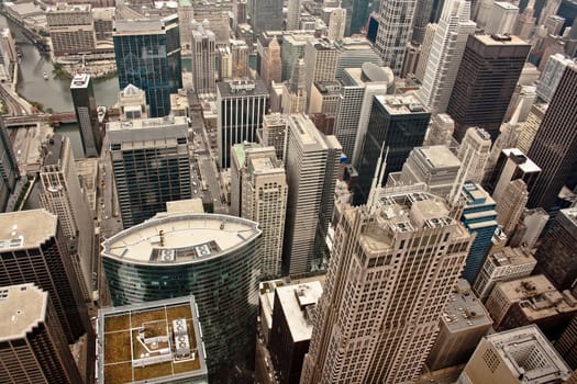 Aerial view of the city of Chicago showing the densely packed buildings