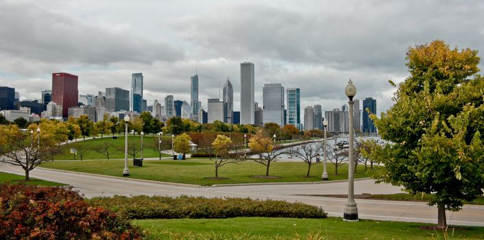 Chicago skyline near the shore of Lake Michigan